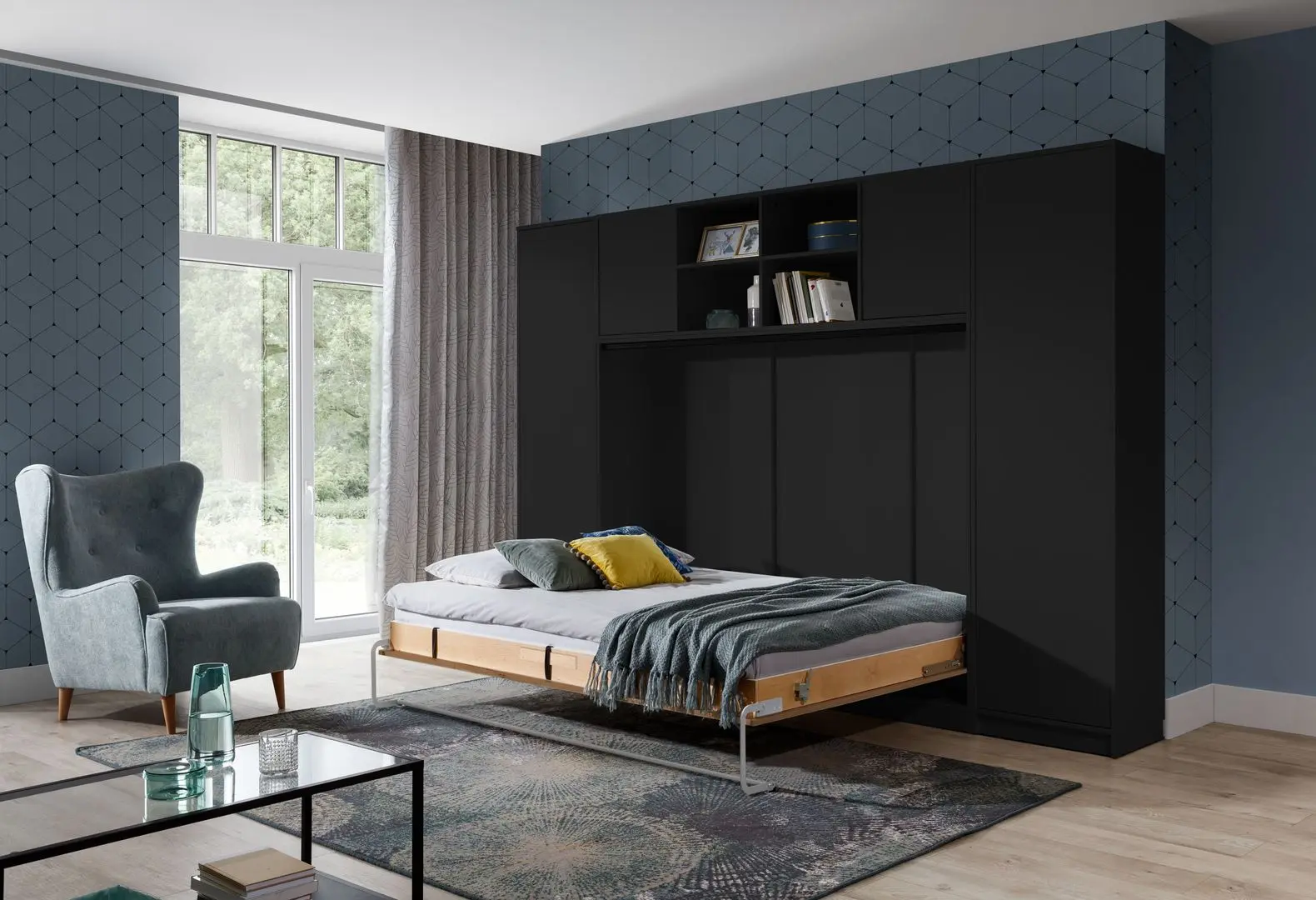 Set mobilier New Elegance Basic BS-P-H-140 + BS-SZ-S + BS-SZ-P + BS-N Horizontal 140x200 (Black/Oak Lancelot)