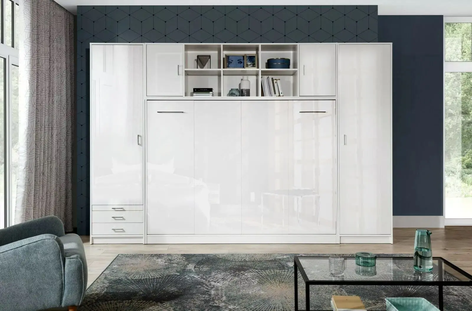 Set mobilier New Elegance Basic BS-P-H-140-BP + BS-SZ-S-BP + BS-SZ-P-BP + BS-N-BP Horizontal 140x200 (White Matte/White Gloss)