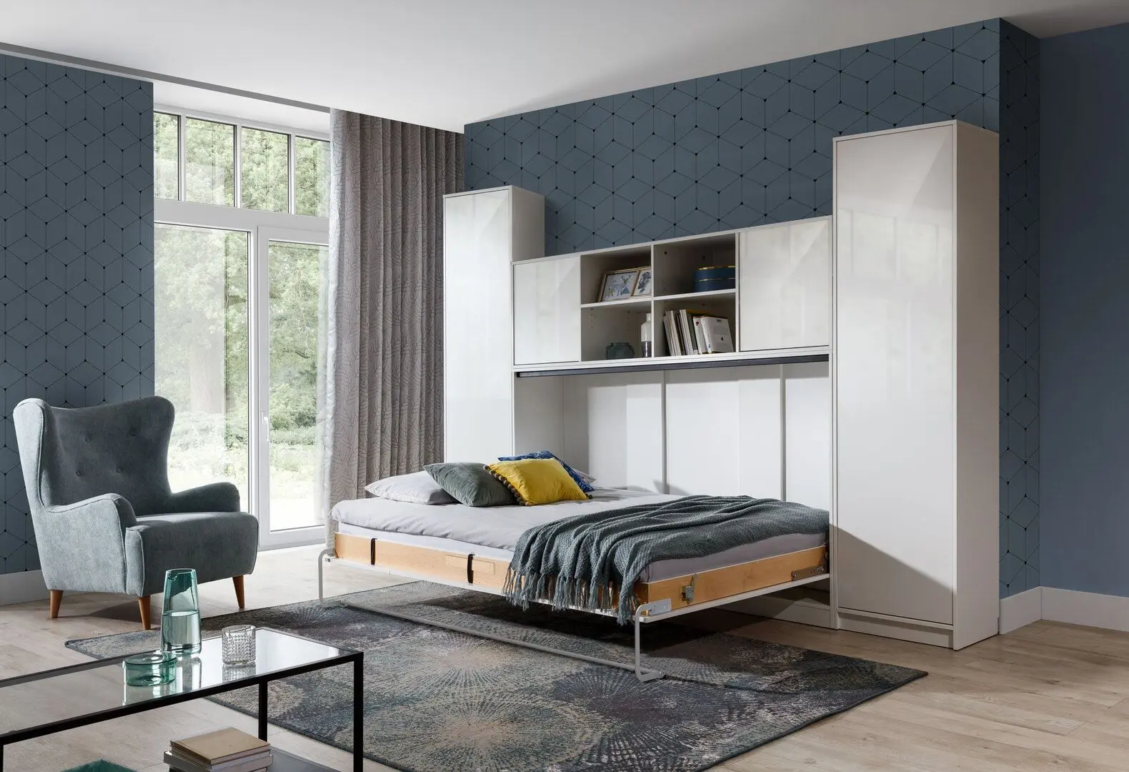 Комплект мебели New Elegance Basic BS-P-H-90-BP + BS-SZ-S-BP + BS-SZ-P-BP + BS-N-BP Horizontal 90x200 (White Matte/White Gloss)