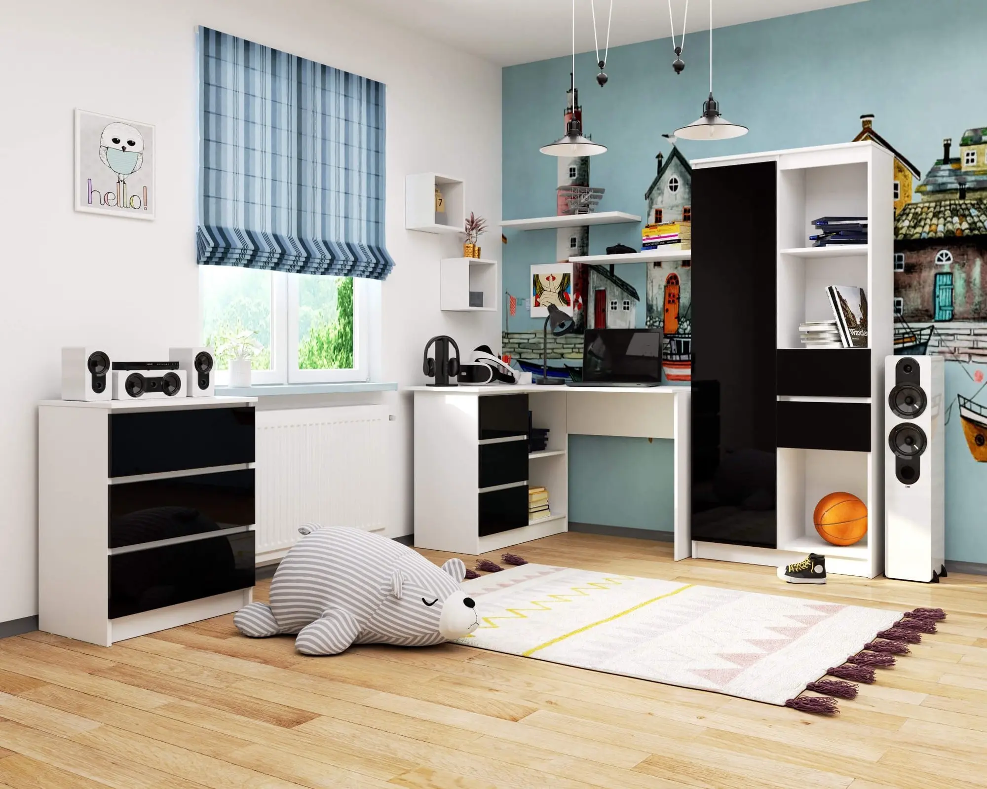 Masa de birou Akord B16 124cm 3SZ Left (White/Black Gloss)