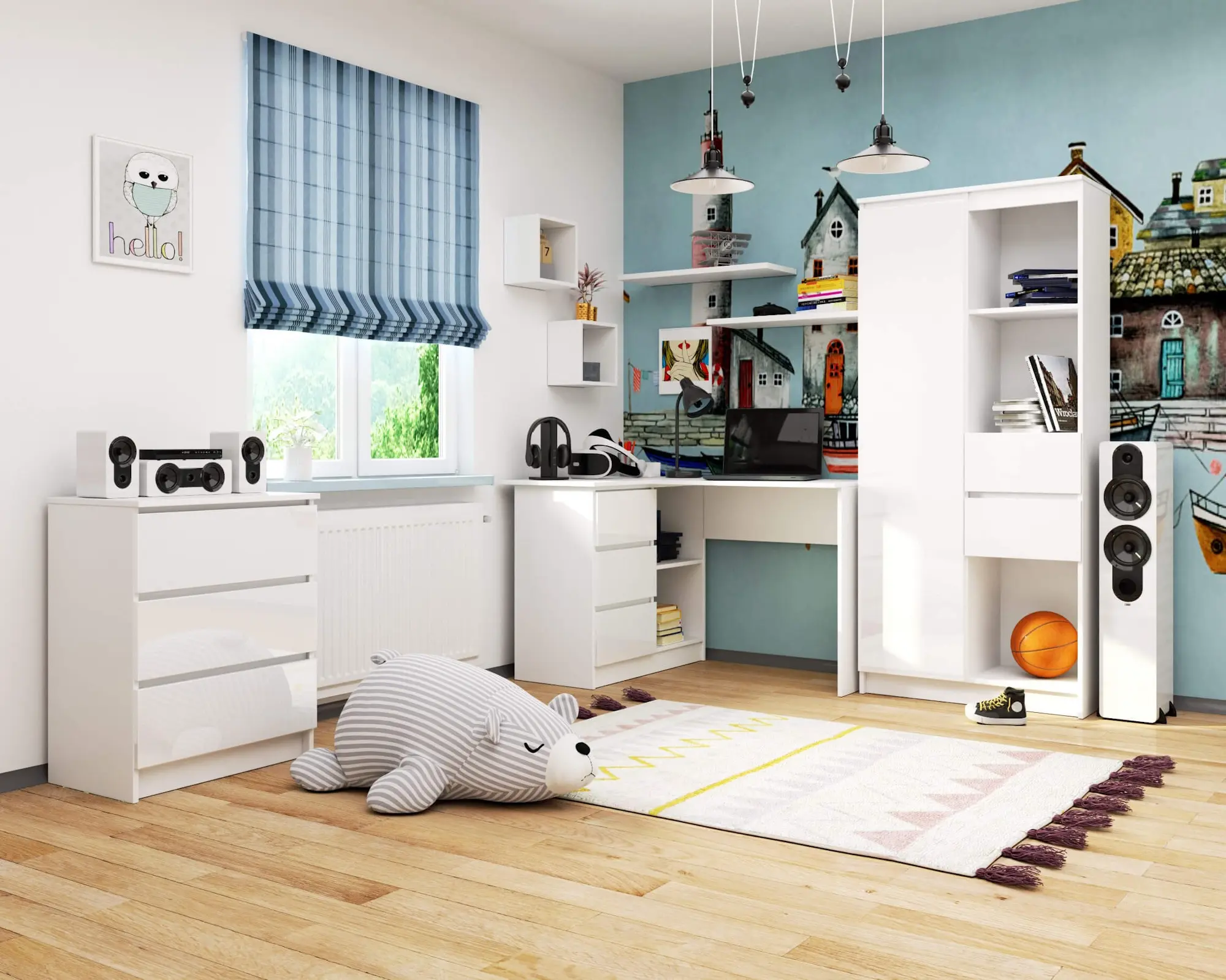 Masa de birou Akord B16 124cm 3SZ Left (White/Glossy White)