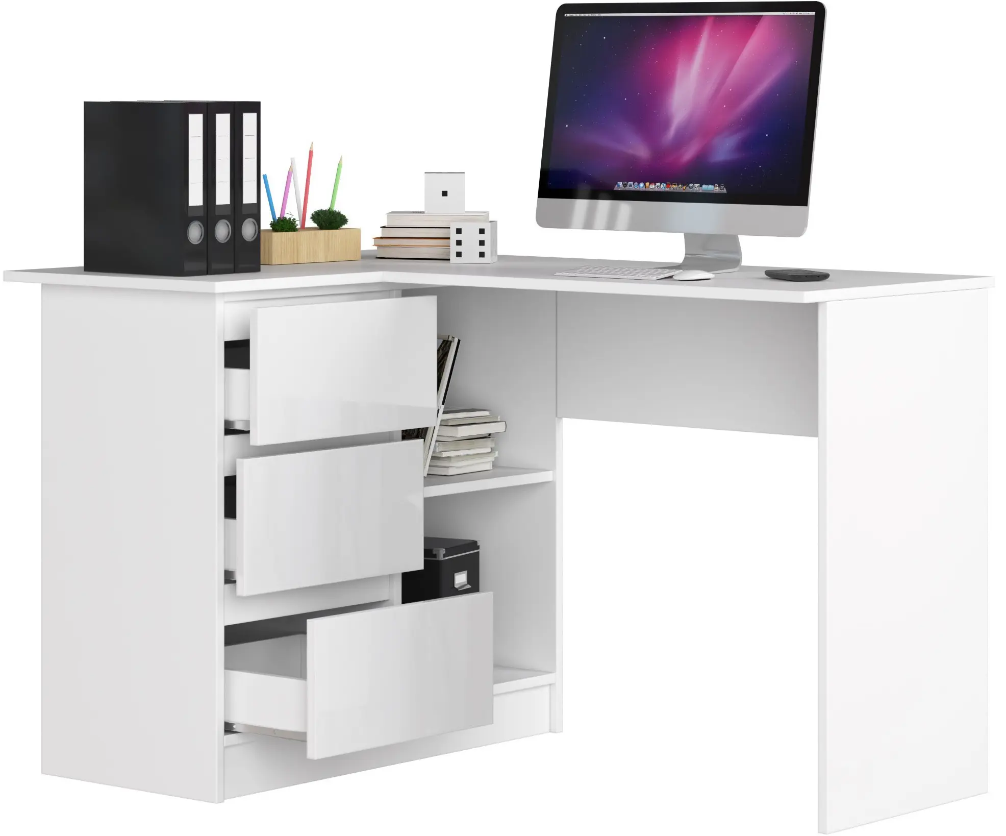 Masa de birou Akord B16 124cm 3SZ Left (White/Glossy White)