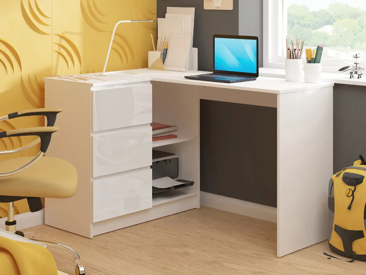 Masa de birou Akord B16 124cm 3SZ Left (White/Glossy White)