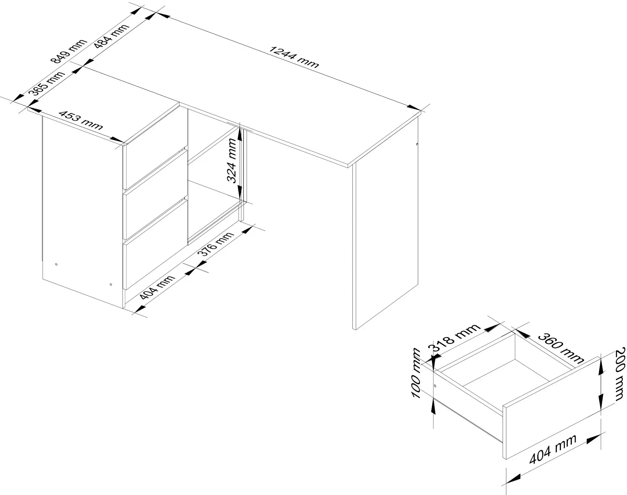 Письменный стол Akord B16 124см 3SZ Left (White/Sonoma Oak)