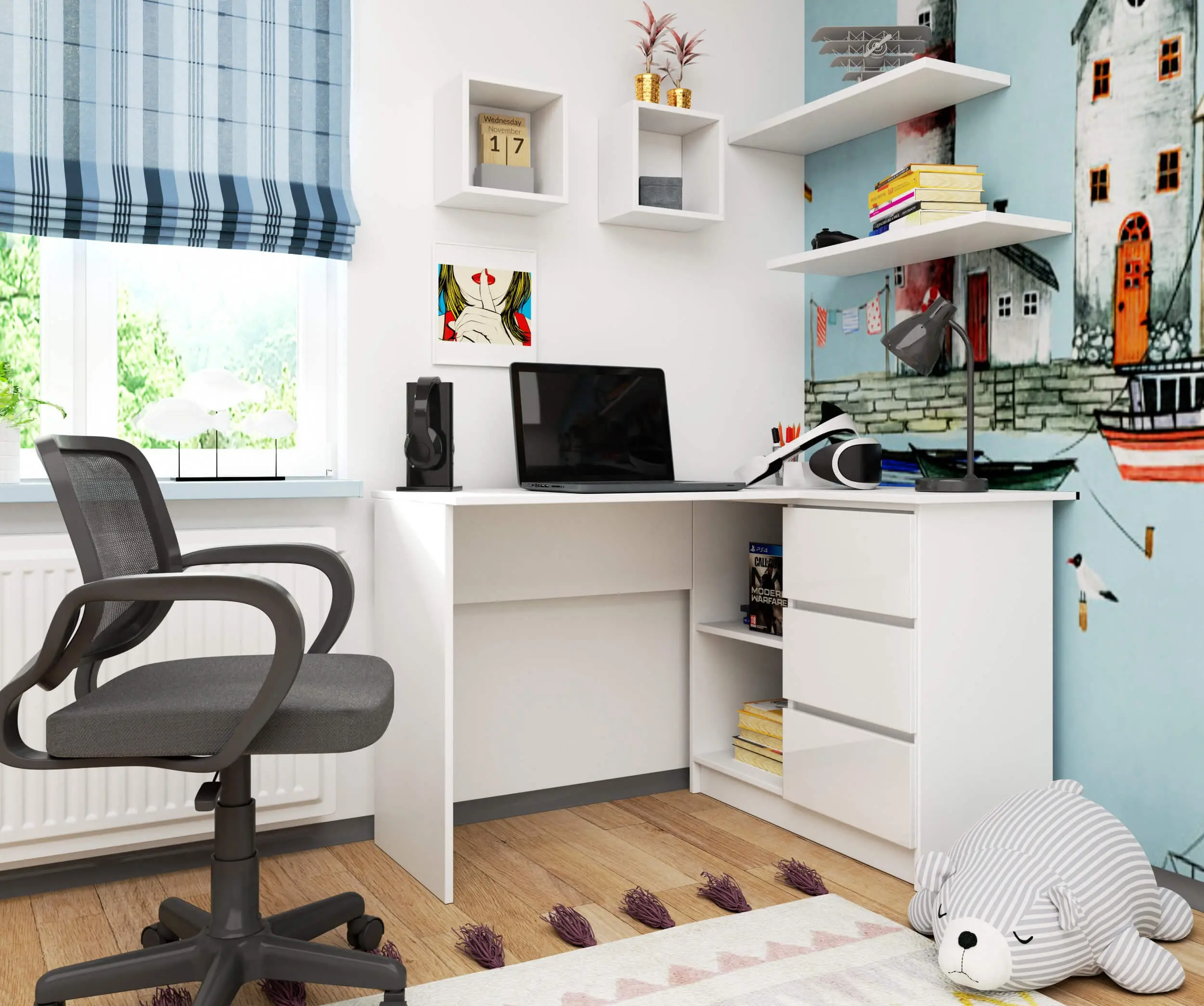 Masa de birou Akord B16 124cm 3SZ Right (White/Glossy White)