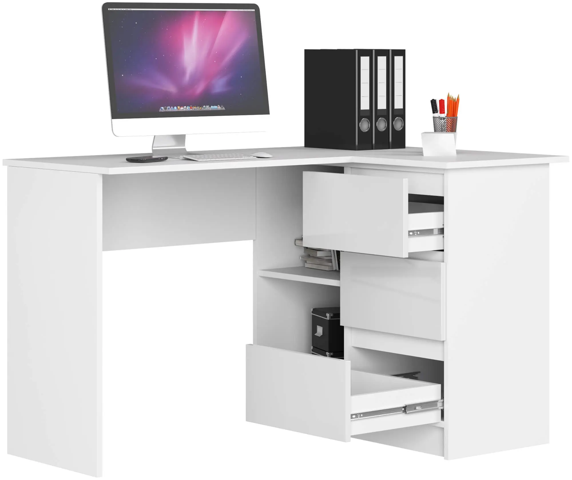 Masa de birou Akord B16 124cm 3SZ Right (White/Glossy White)