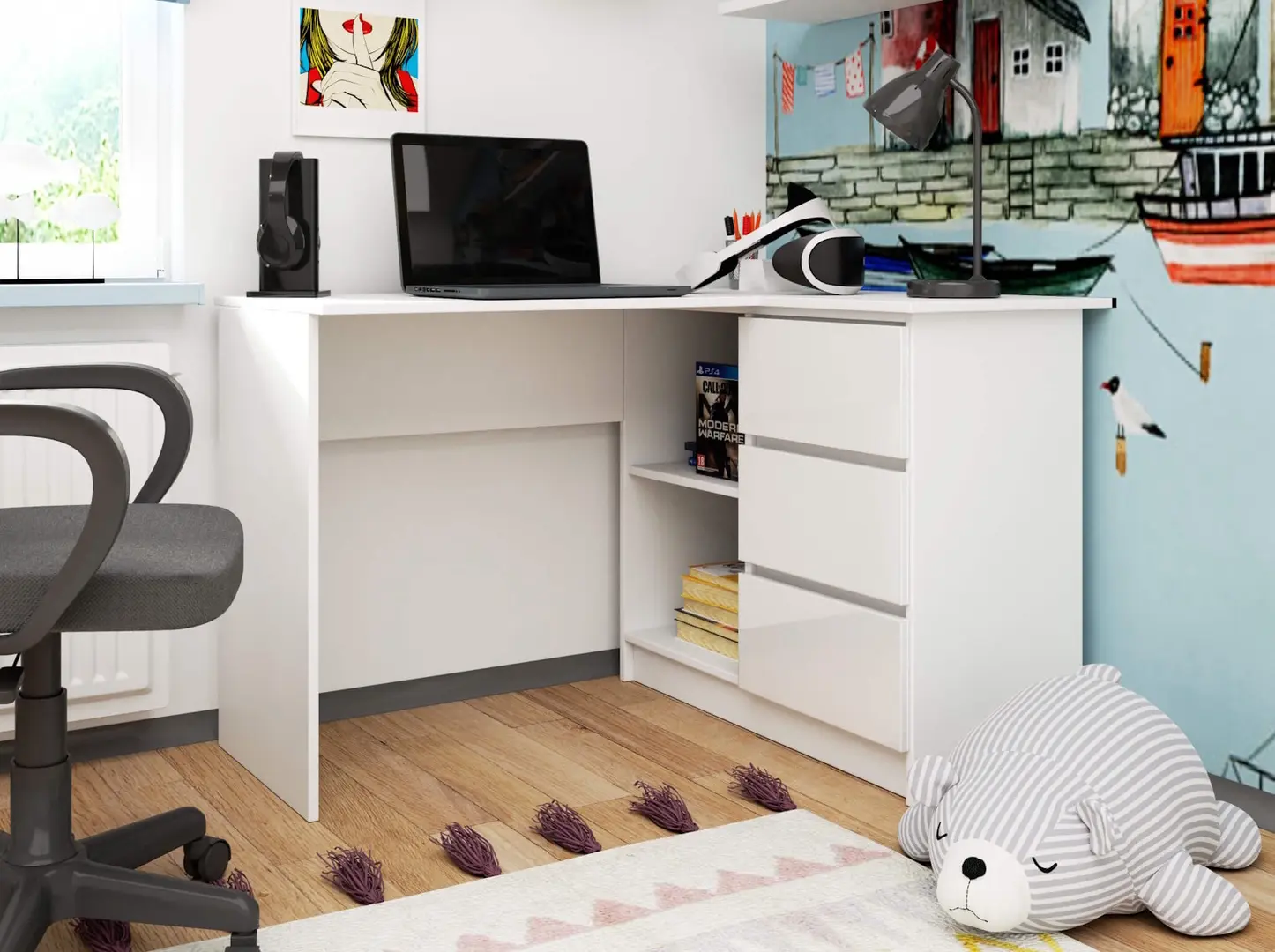 Masa de birou Akord B16 124cm 3SZ Right (White/Glossy White)