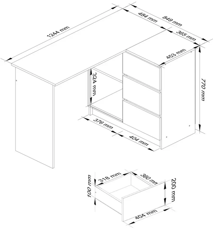 Письменный стол Akord B16 124см 3SZ Right (White/Sonoma Oak)