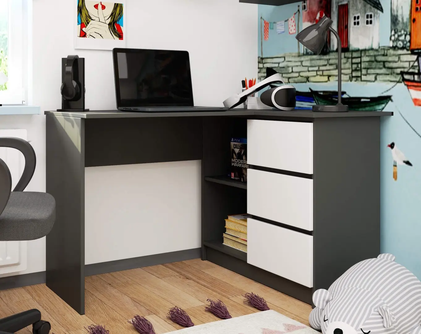 Masa de birou Akord B16 124cm Right (Graphite Grey/White)