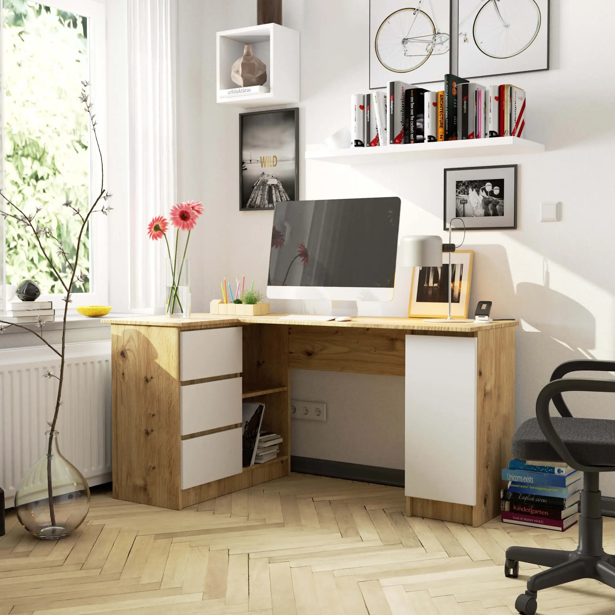 Masa de birou Akord B20 155cm 3SZ Left (Artisan Oak/White)