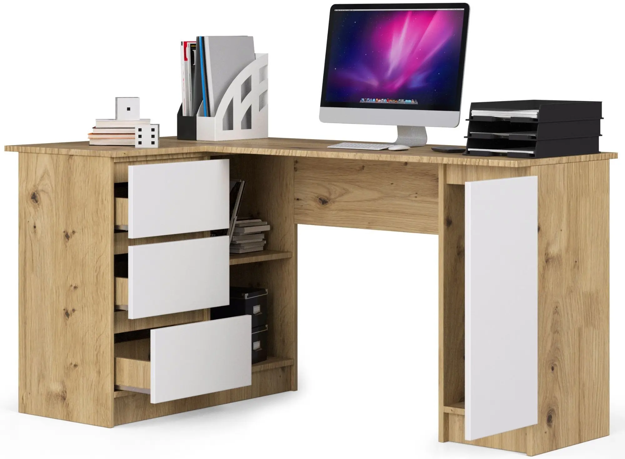 Masa de birou Akord B20 155cm 3SZ Left (Artisan Oak/White)