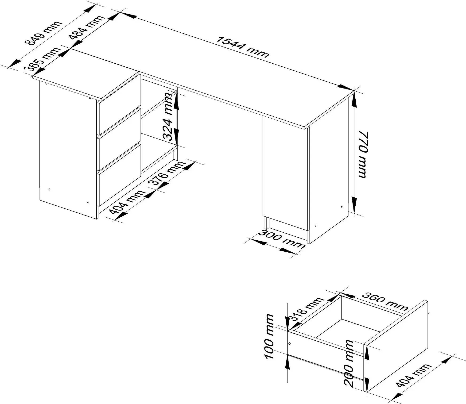 Masa de birou Akord B20 155cm 3SZ Left (Artisan Oak/White)
