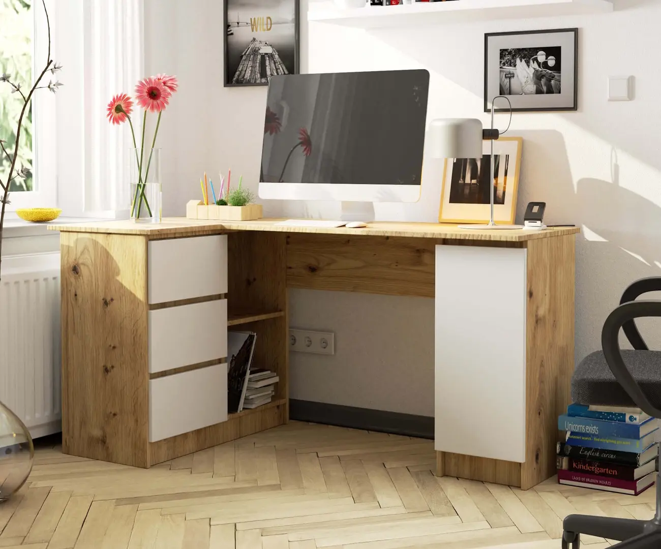 Masa de birou Akord B20 155cm 3SZ Left (Artisan Oak/White)