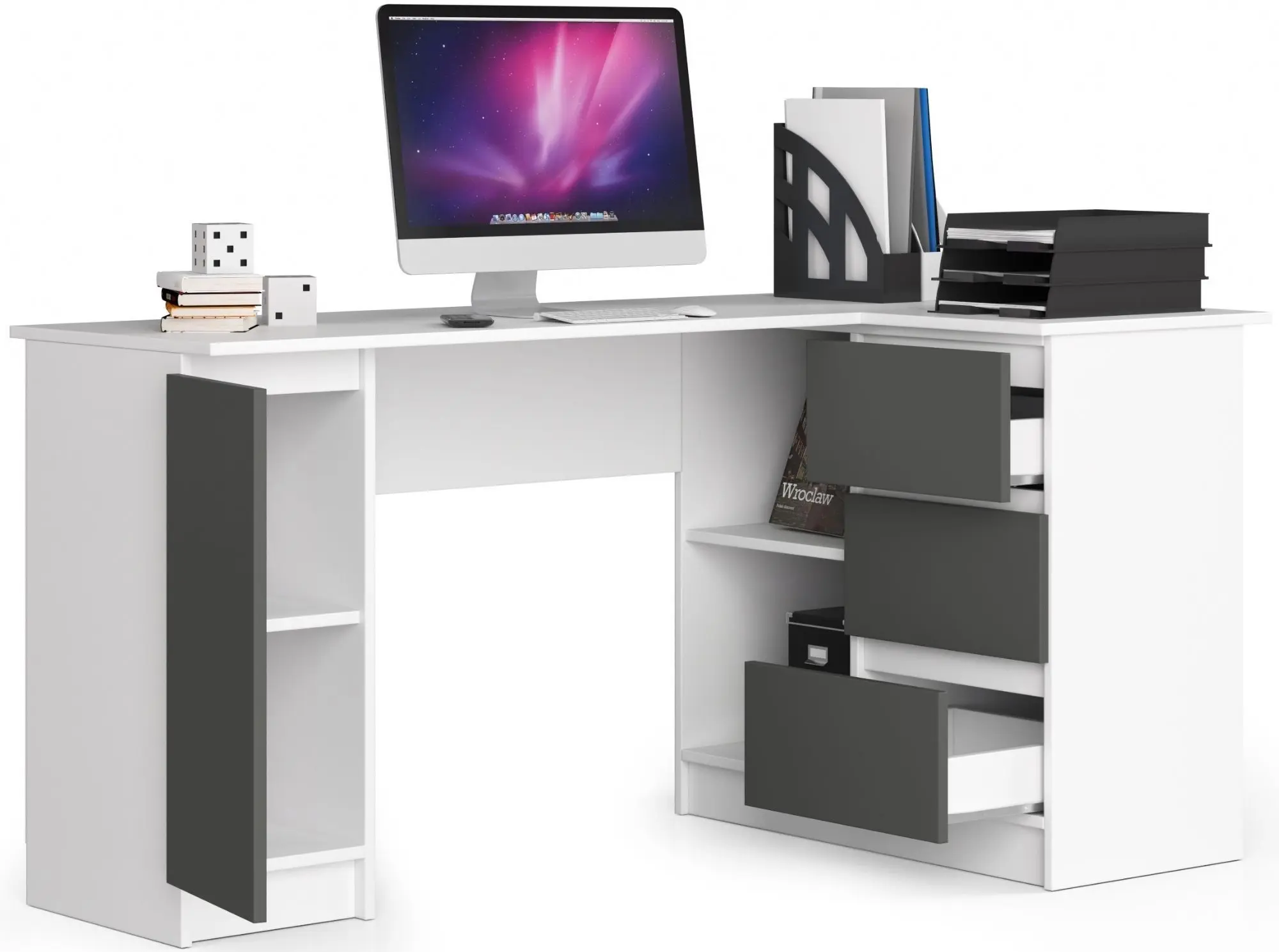 Masa de birou Akord B20 155cm 3SZ Right (White/Graphite Grey)