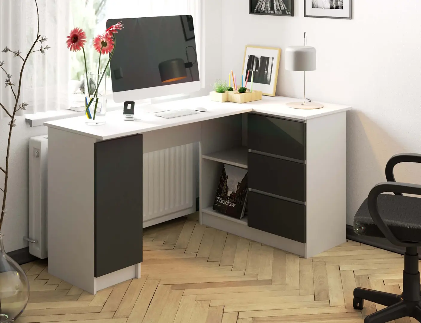 Masa de birou Akord B20 155cm 3SZ Right (White/Graphite Grey)