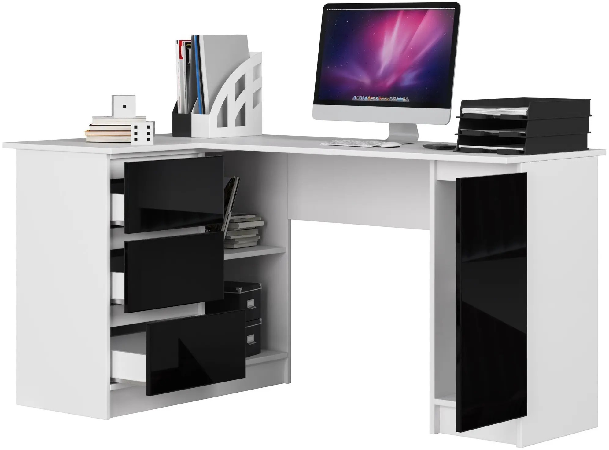 Masa de birou Akord B20 155cm Left (White/Black Gloss)