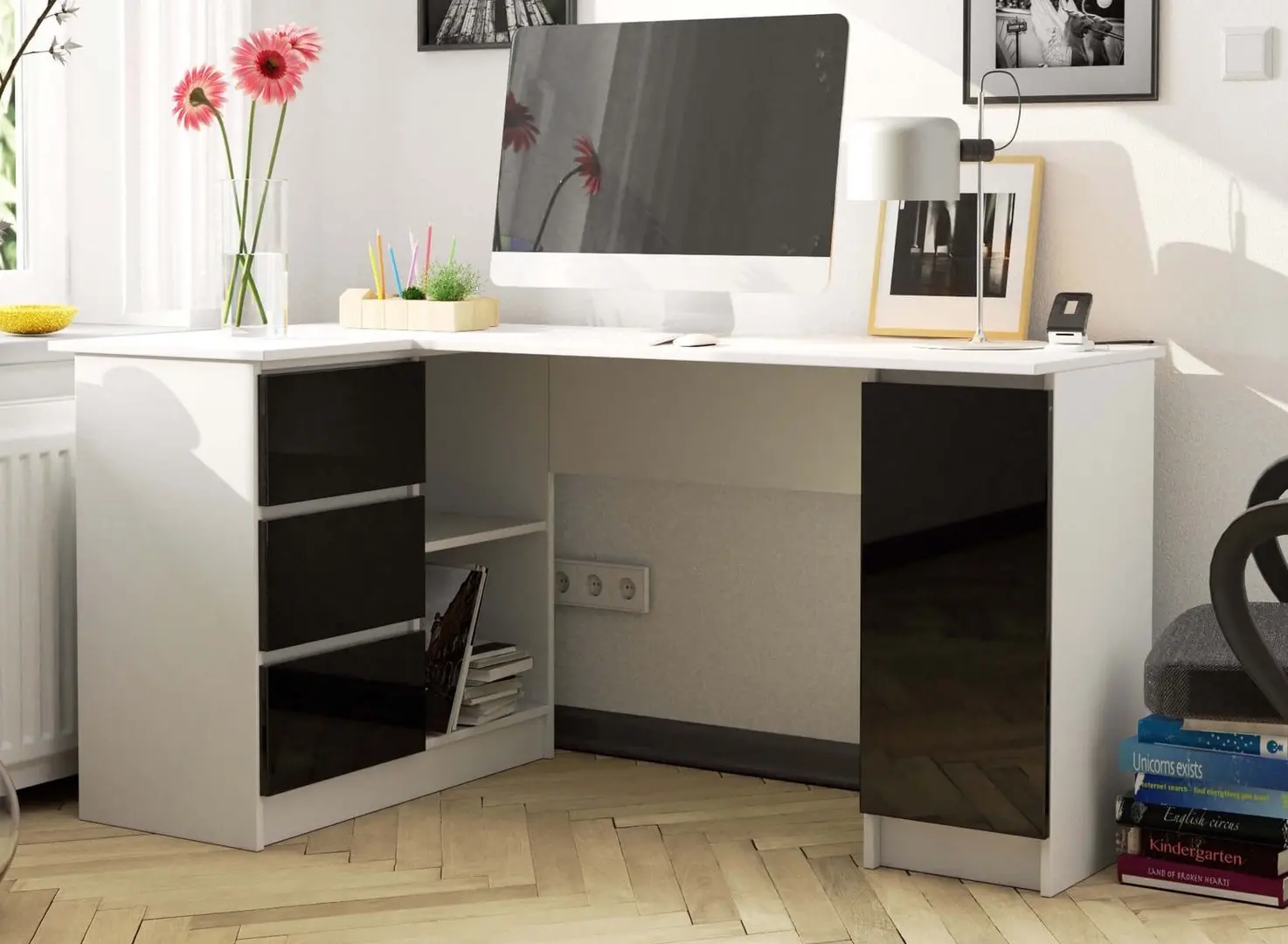 Masa de birou Akord B20 155cm Left (White/Black Gloss)