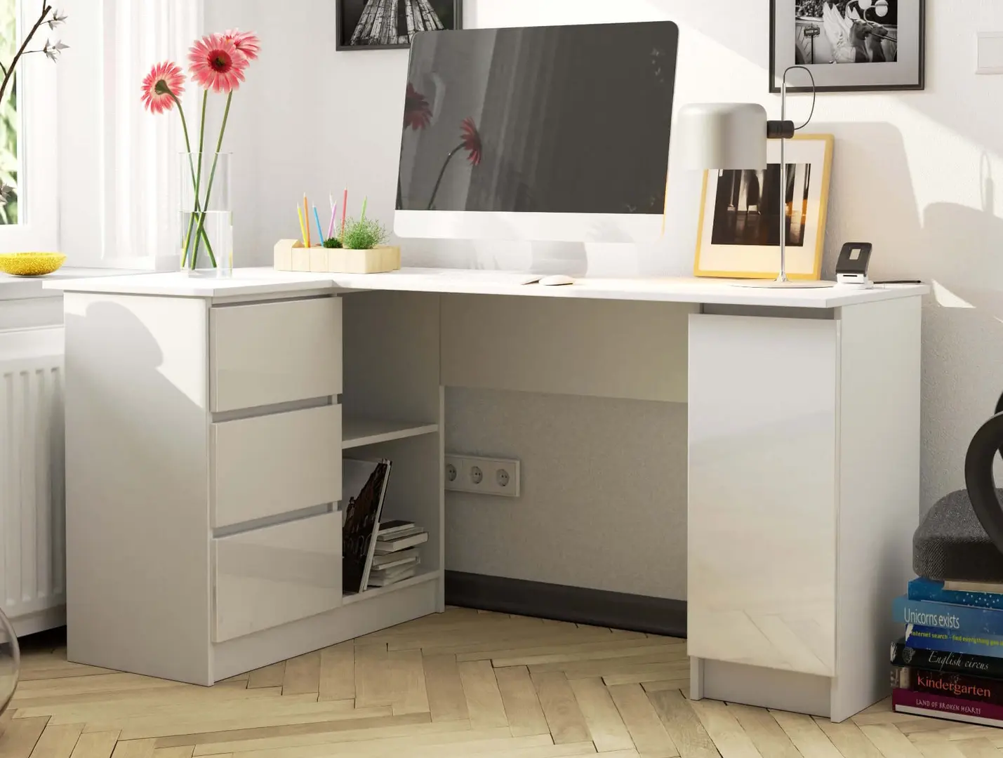 Masa de birou Akord B20 155cm Left (White/Glossy White)