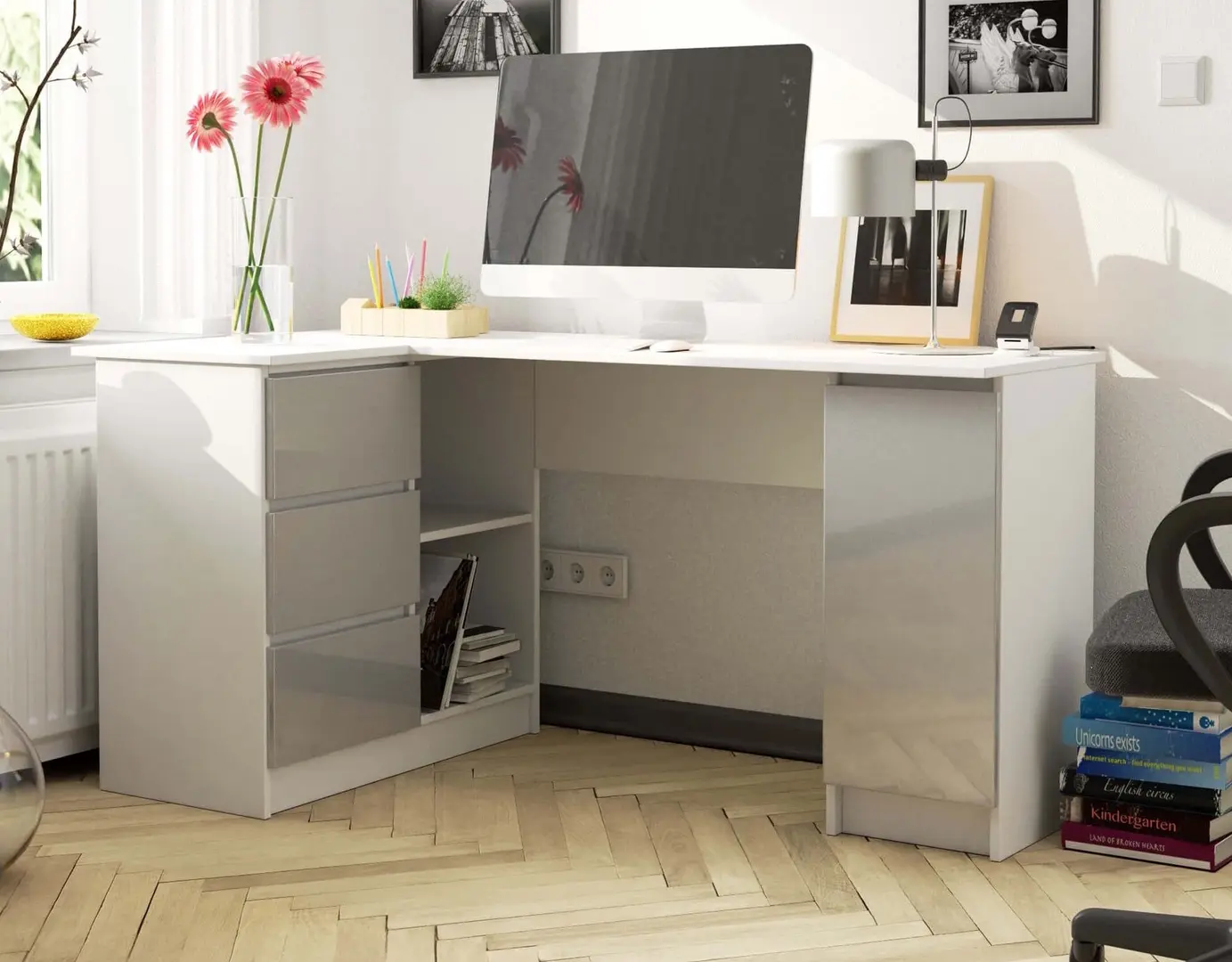 Masa de birou Akord B20 155cm Left (White/Metallic Gloss)