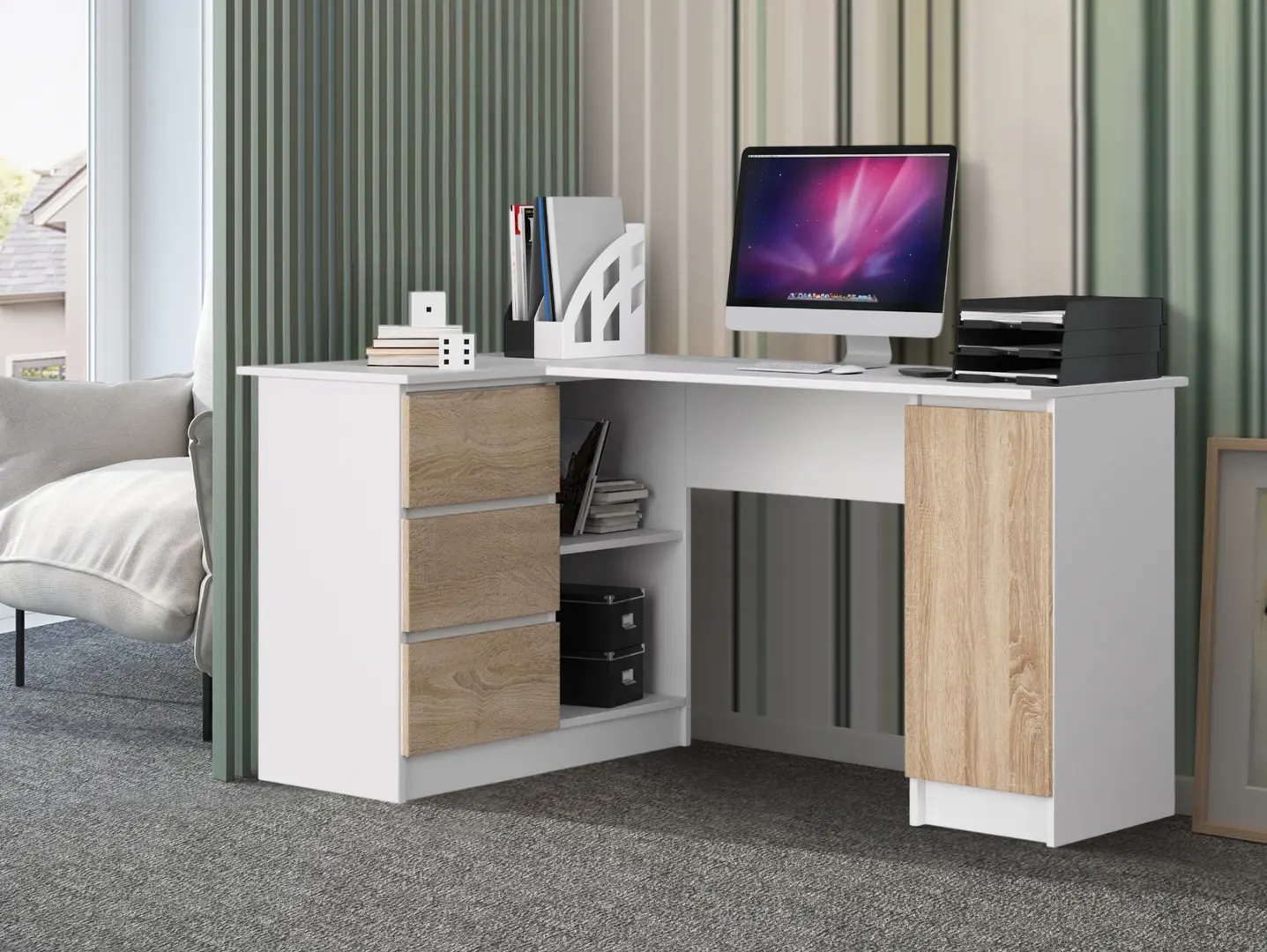 Masa de birou Akord B20 155cm Left (White/Sonoma Oak)