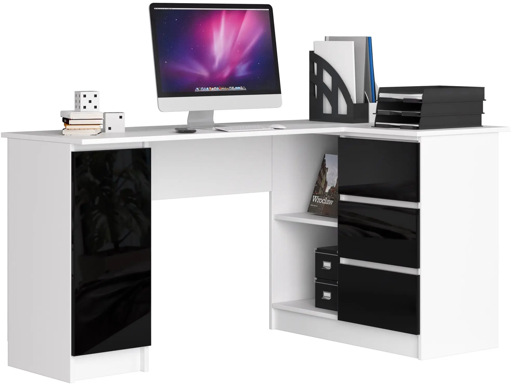 Masa de birou Akord B20 155cm Right (White/Black Gloss)