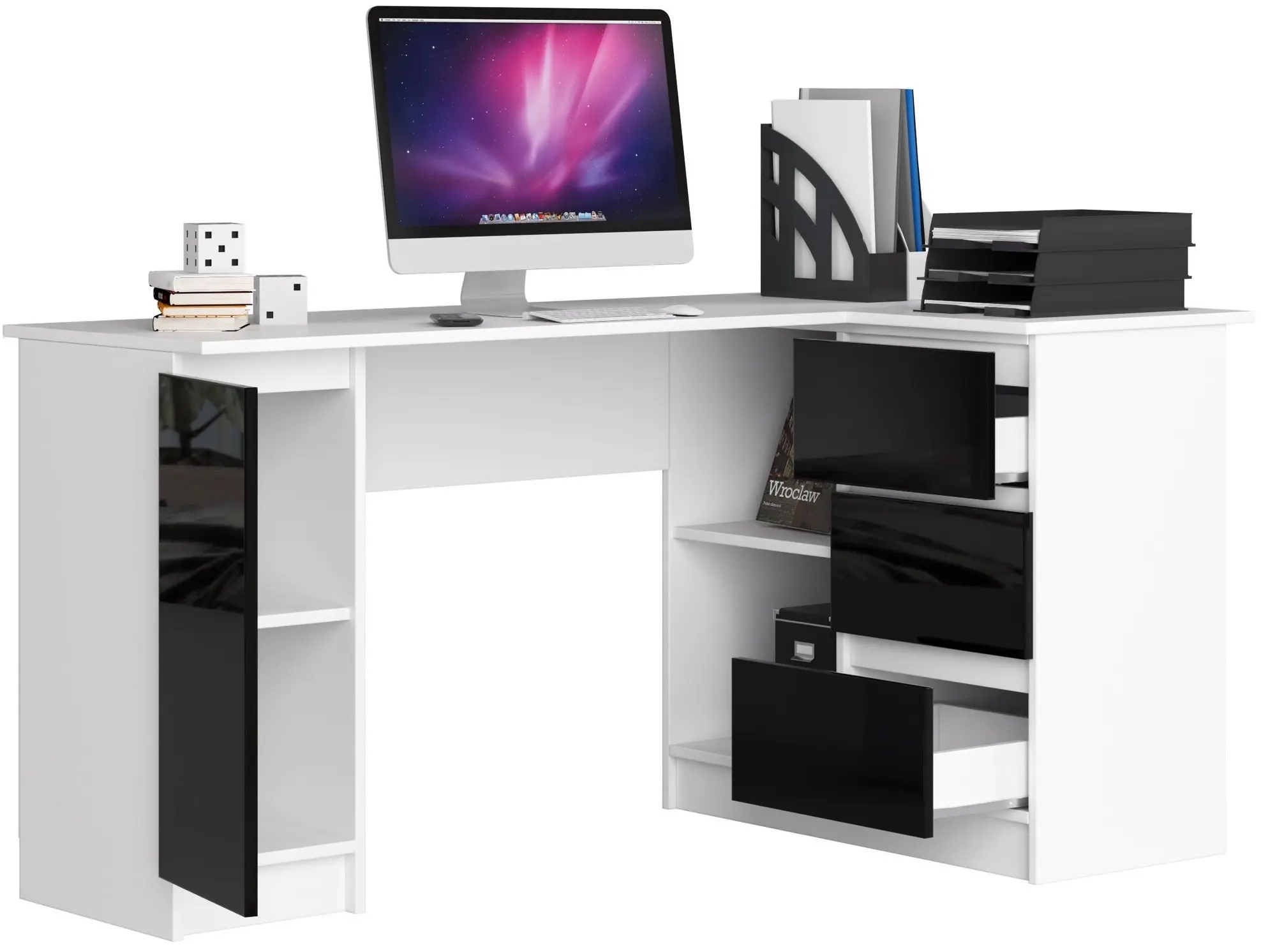 Masa de birou Akord B20 155cm Right (White/Black Gloss)