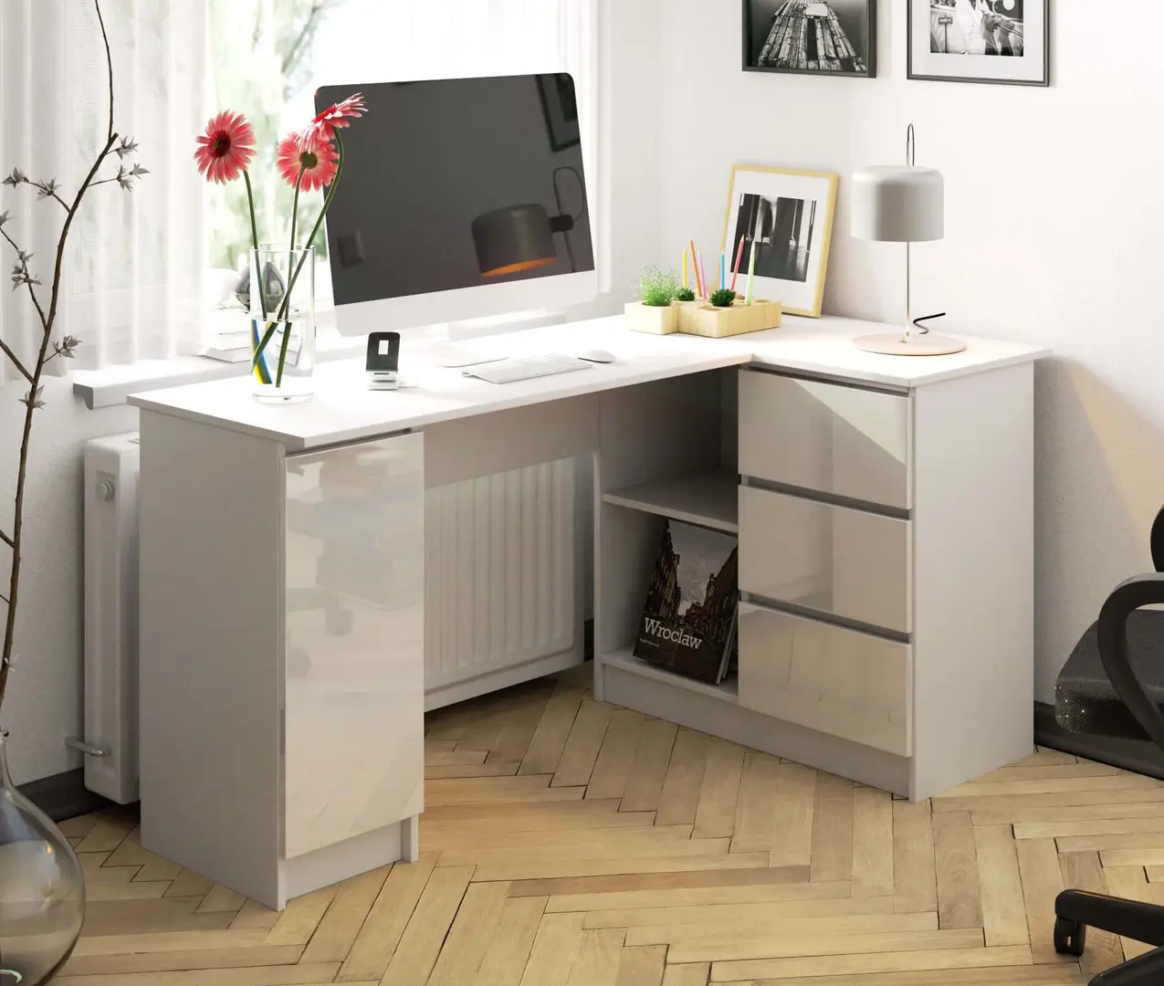 Masa de birou Akord B20 155cm Right (White/Glossy White)