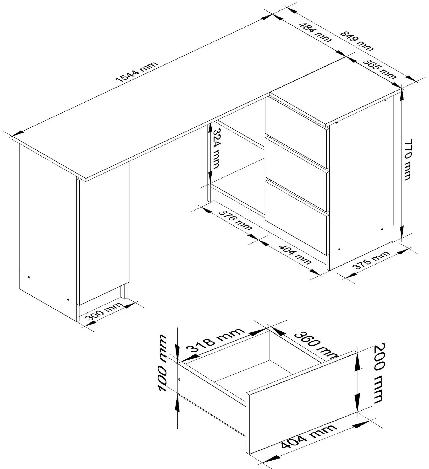 Письменный стол Akord B20 155см Right (White/Metallic Gloss)