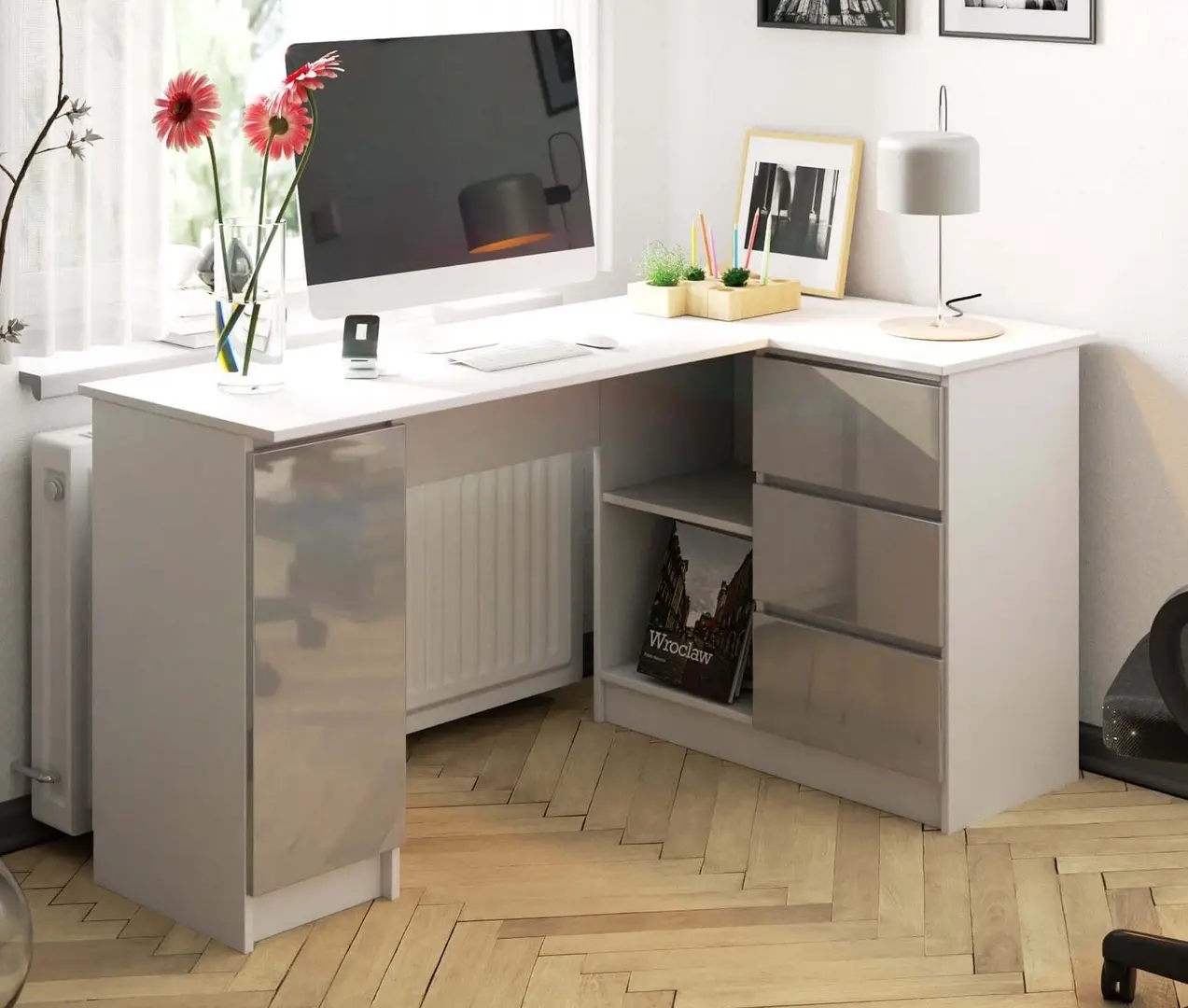 Письменный стол Akord B20 155см Right (White/Metallic Gloss)