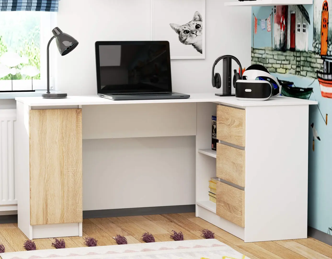 Masa de birou Akord B20 155cm Right (White/Sonoma Oak)