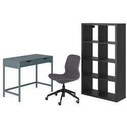 Комплект офисной мебели Ikea Alex/Langfjall/Kallax (Серо-бирюзовый/Черный)
