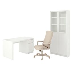 Set de mobila pentru oficiu Ikea Malm/Millberget/Billy/Oxberg (Bej/Alb)