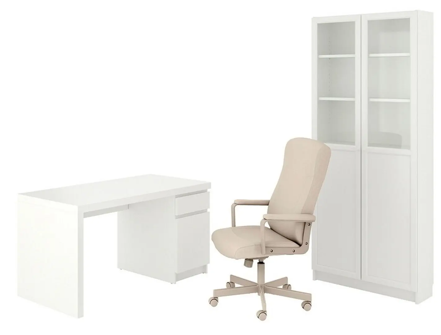 Set de mobila pentru oficiu Ikea Malm/Millberget/Billy/Oxberg (Bej/Alb)