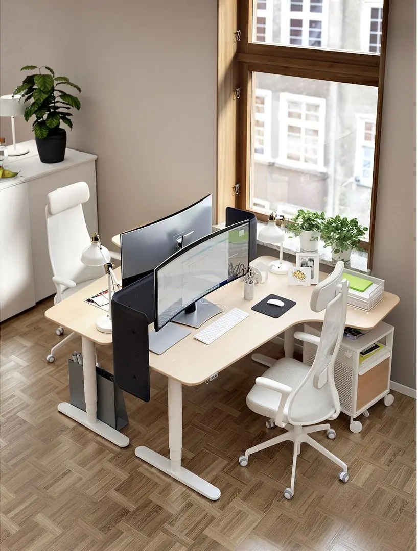 Masa de birou Ikea Bekant electro/colt dreapta/furnir stejar 160x110 (Alb)