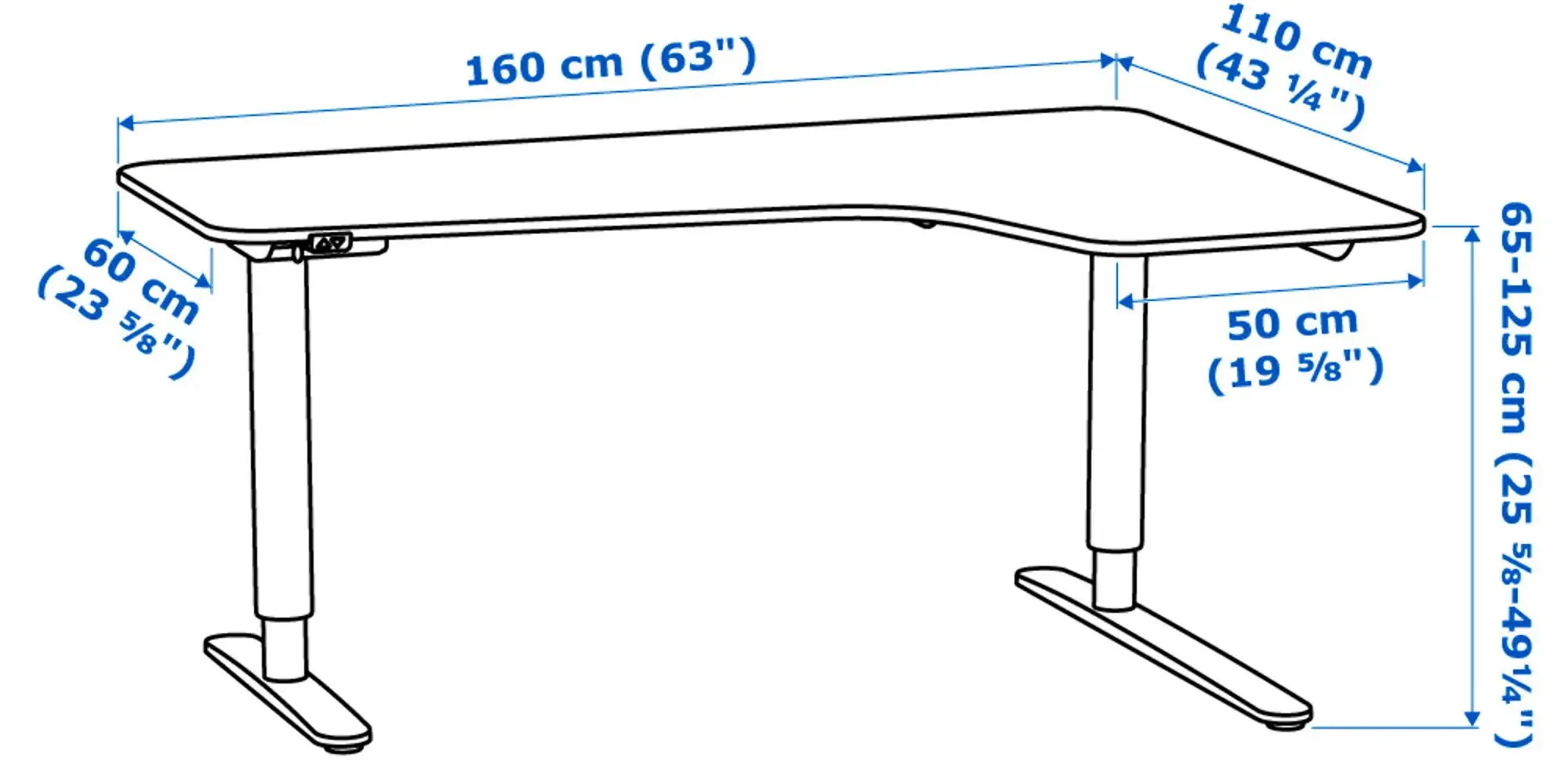 Masa de birou Ikea Bekant electro/colt dreapta/linoleum 160x110 (Albastru/Negru)