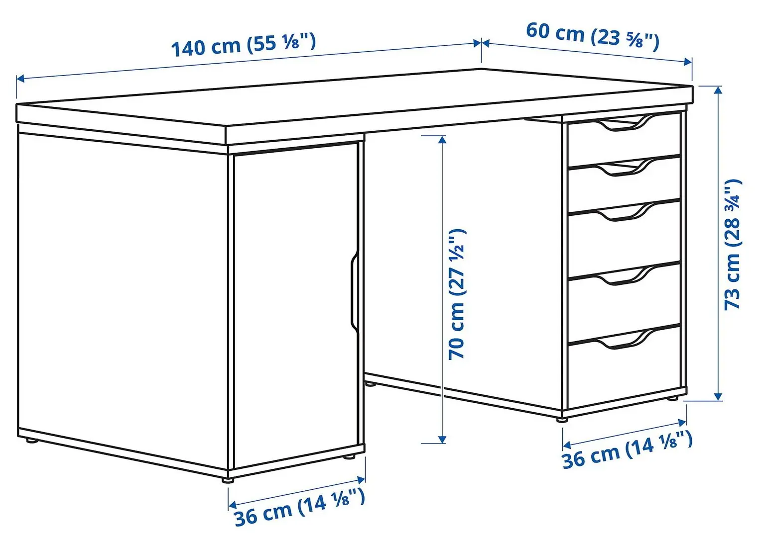 Masa de birou Ikea Lagkapten/Alex usa/sertare 140x60 (Vopsit Alb/Aspect Stejar Alb)