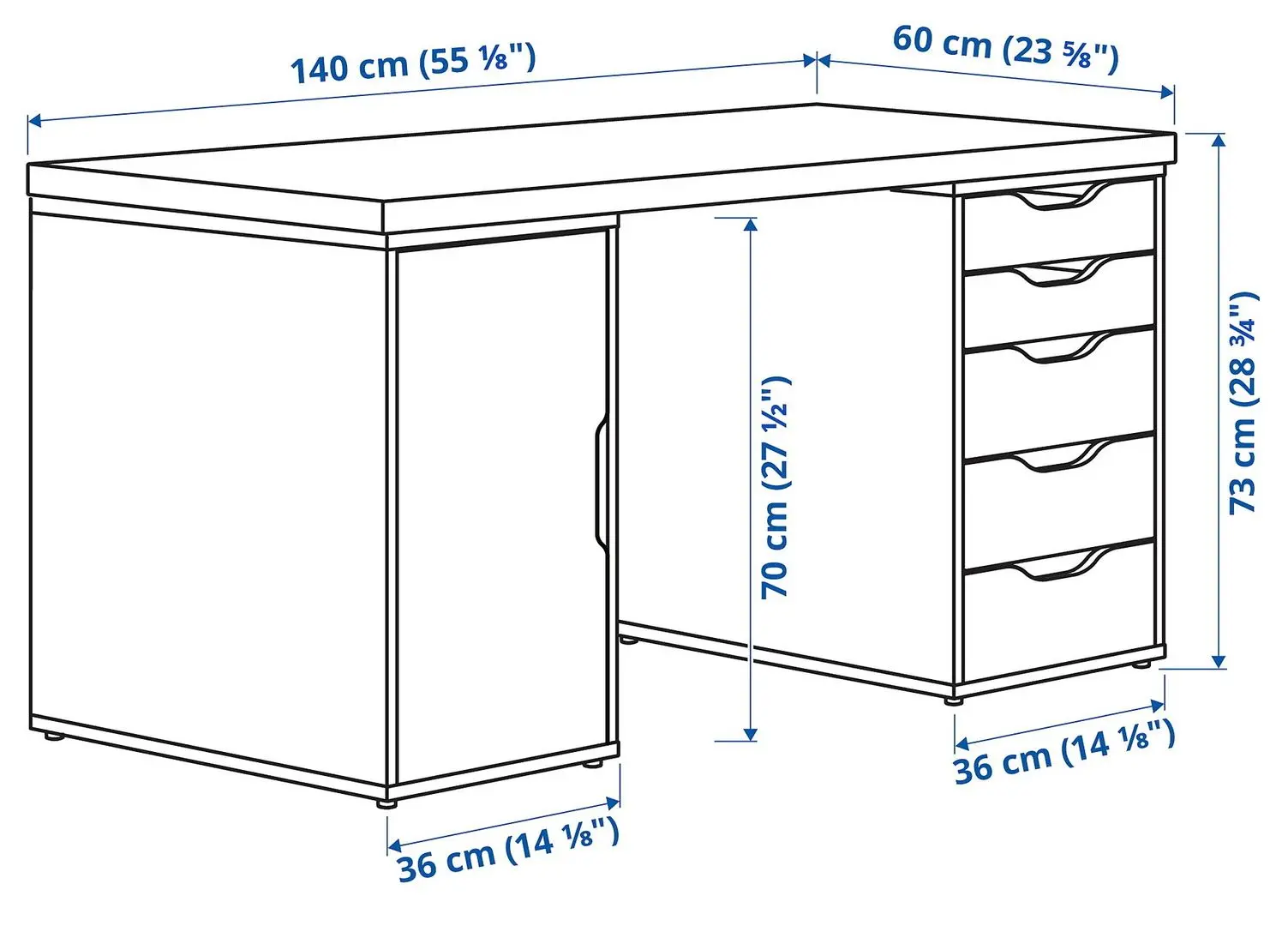 Письменный стол Ikea Lagkapten/Alex дверца/ящики 140x60 (Белый/Под Белый Дуб)