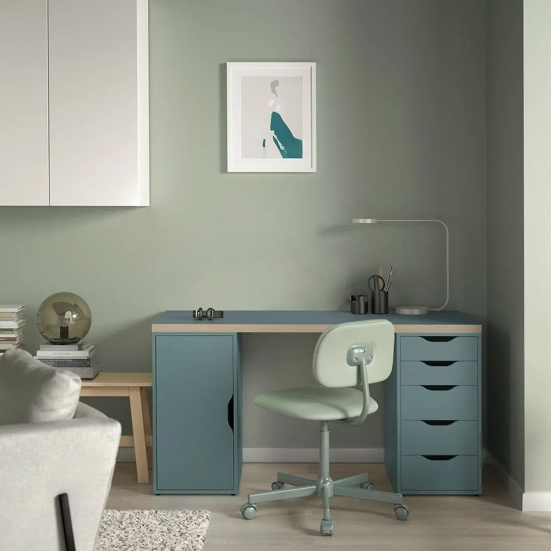 Masa de birou Ikea Lagkapten/Alex usa/sertare 140x60 (Gri-Turcoaz/Negru)