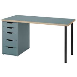 Masa de birou Ikea Lagkapten/Alex sertare 140x60 (Gri-Turcoaz/Negru) Thumb