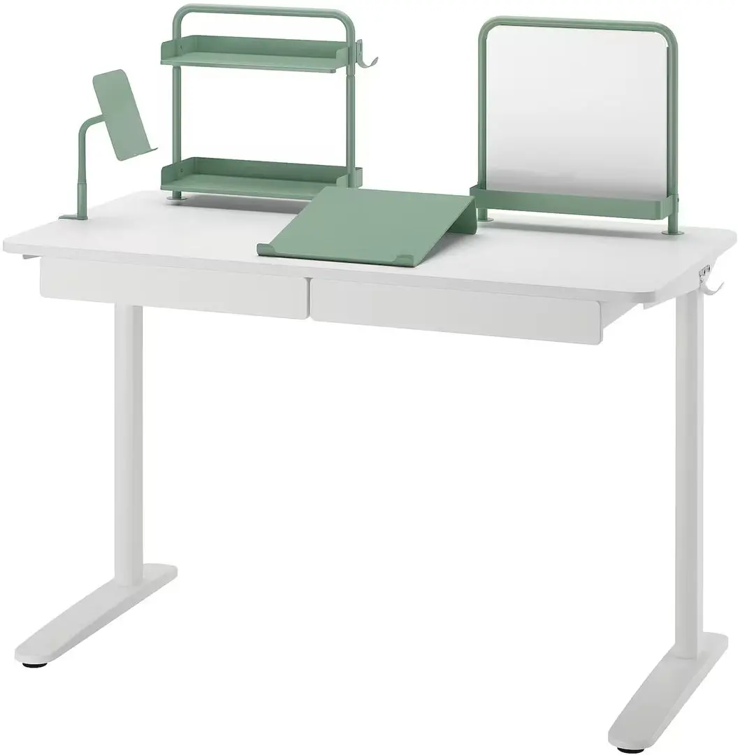 Masa de birou Ikea Relatera avizier/2 sertare/etajera/suport telefon 117x60 (Alb/Verde deschis)