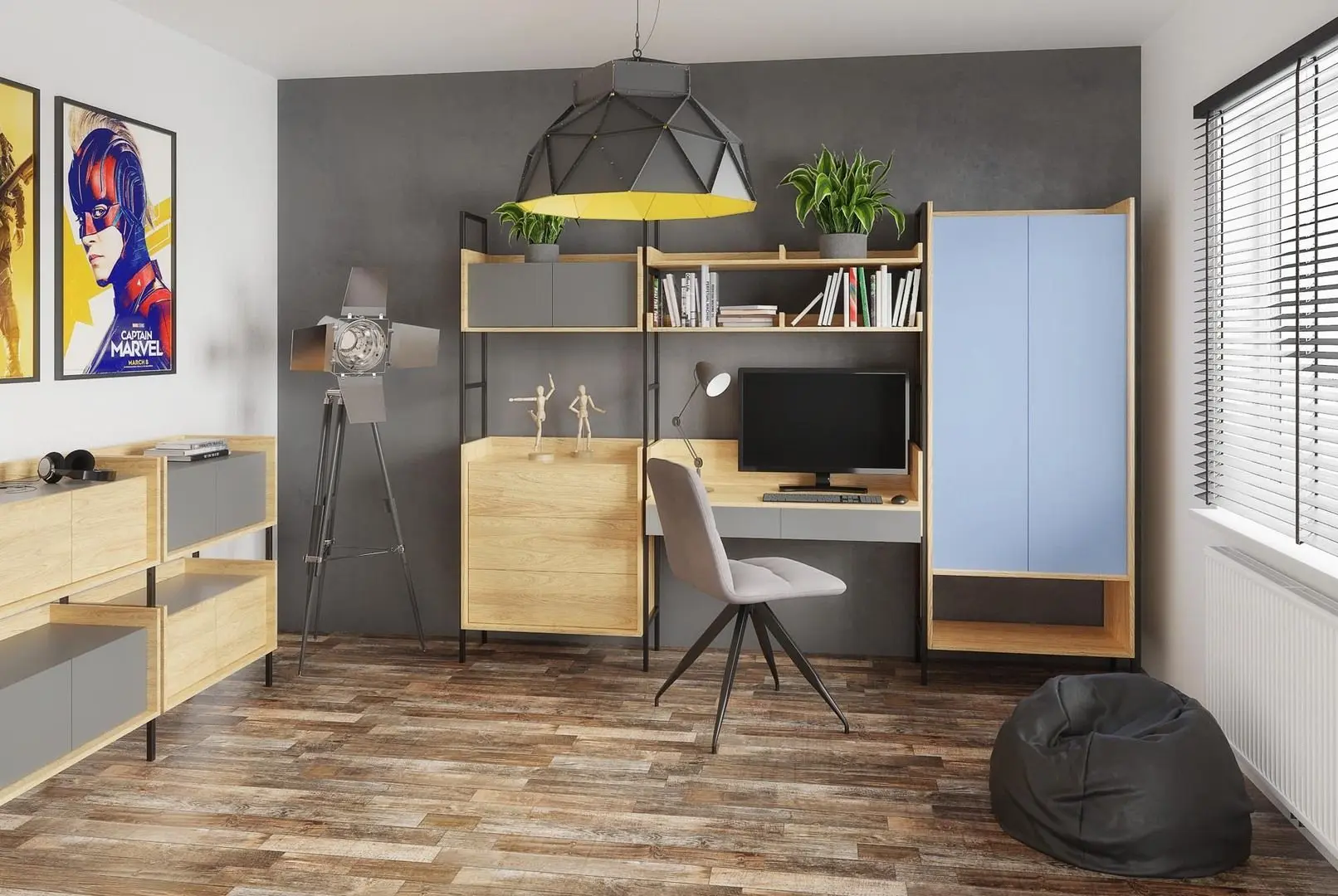 Письменный стол Halmar Mobius 2S навесной (Hickory Natural/Gray Dusty)