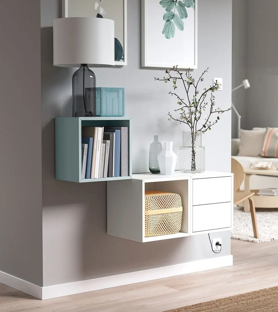 Combinatie de rafturi suspendate Ikea Eket 105x35x70 (Alb/Gri Deschis-Bleu)