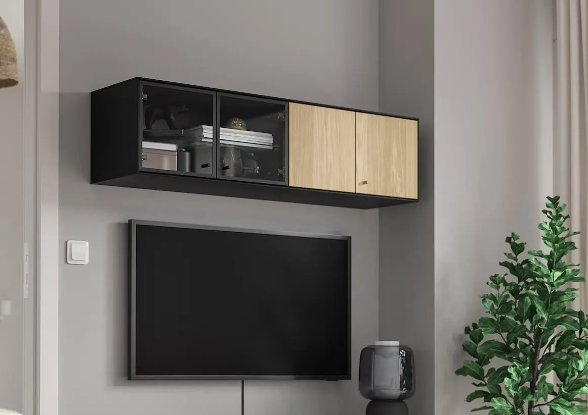 Raft Ikea Boastad usi/usi sticla 121x32x32 (Negru/Furnir Stejar)