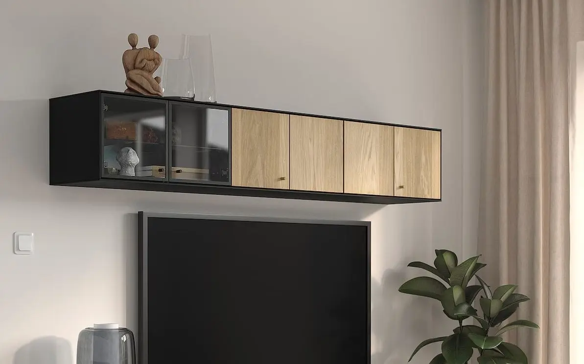 Raft Ikea Boastad usi/usi sticla 181x32x32 (Negru/Furnir stejar)