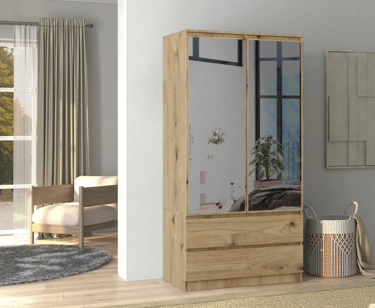 Dulap Akord S90 2D 2SZ 2 Lustro (Artisan Oak)