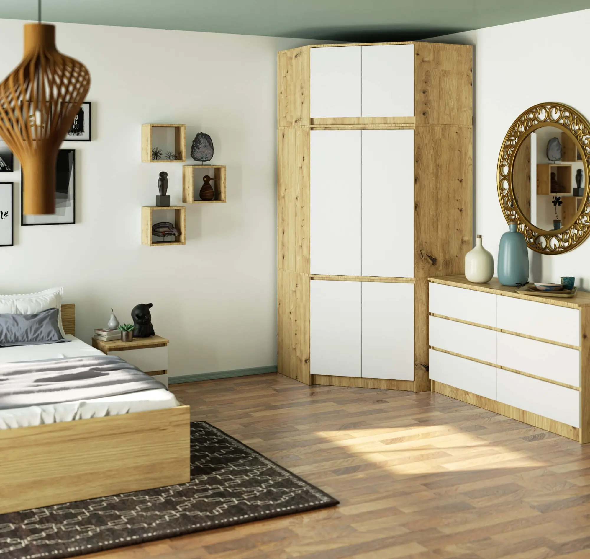 Dulap de colt + Mezanin Akord S100 6D9SH (Artisan Oak/White)