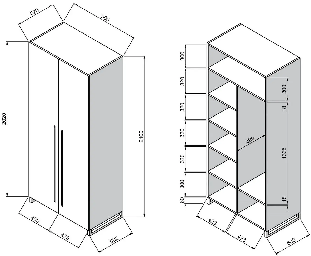 Dulap DP 90x210x52 haine/rafturi (Wood/Gray/Black)