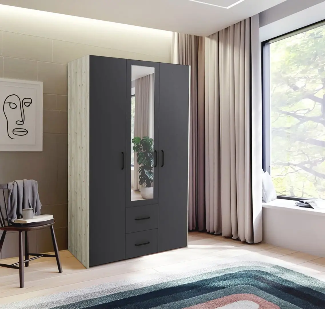 Шкаф Haaus Malmo 2SZ3D с зеркалом 200x120 (White Oak/Anthracite)