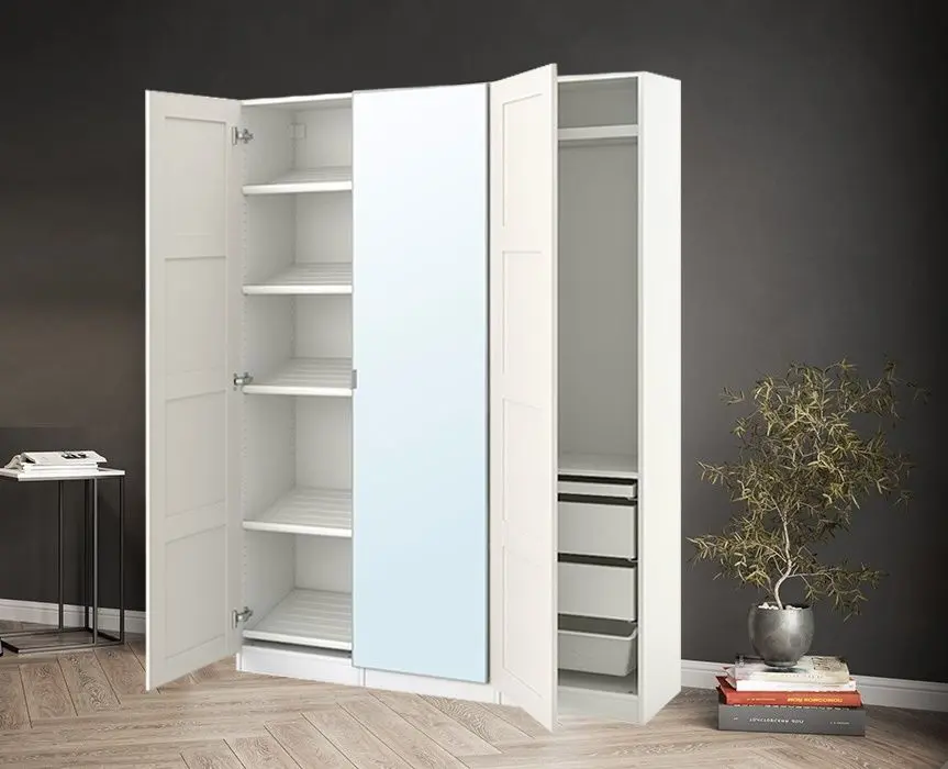 Dulap Ikea Pax/Bergsbo/Aheim rafturi/bare/coș/sertare 150x38x201 (Alb/Oglindă)