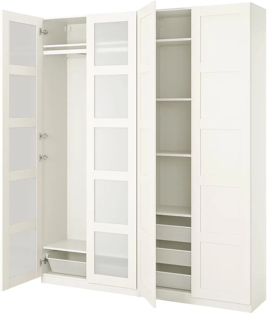 Dulap Ikea Pax/Bergsbo rafturi/bara/cosuri/sticla mata 200x38x236 (Alb)